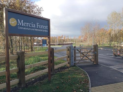 Mercia Forest Crematorium entrance gate sign