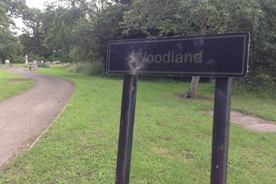Lentons Lane Cemetery woodland sign to Natural Burial Ground