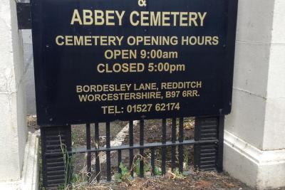 Redditch Crematorium entrance Board at main gate