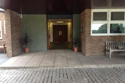 Redditch Crematorium building entrance doors
