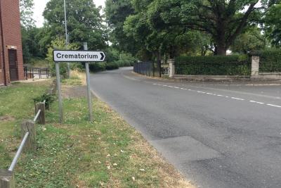 Redditch Crematorium Road entrance sign in Bordesley Lane