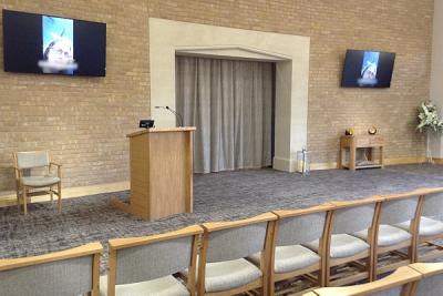 Mercia Forest Crematorium chapel front row seats to Catafalque
