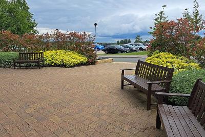 Seating just in front of the Gedling Crematorium chapel entrance doors