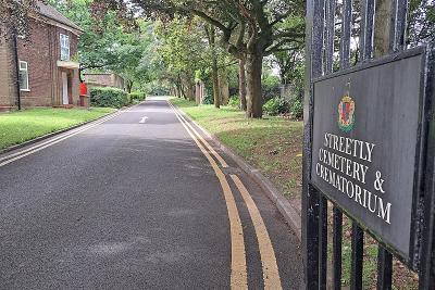 Streetly Crematorium entrance into the Crematorium grounds - one way system