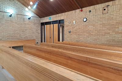 Streetly Crematorium - East chapel seating (and entrance door)